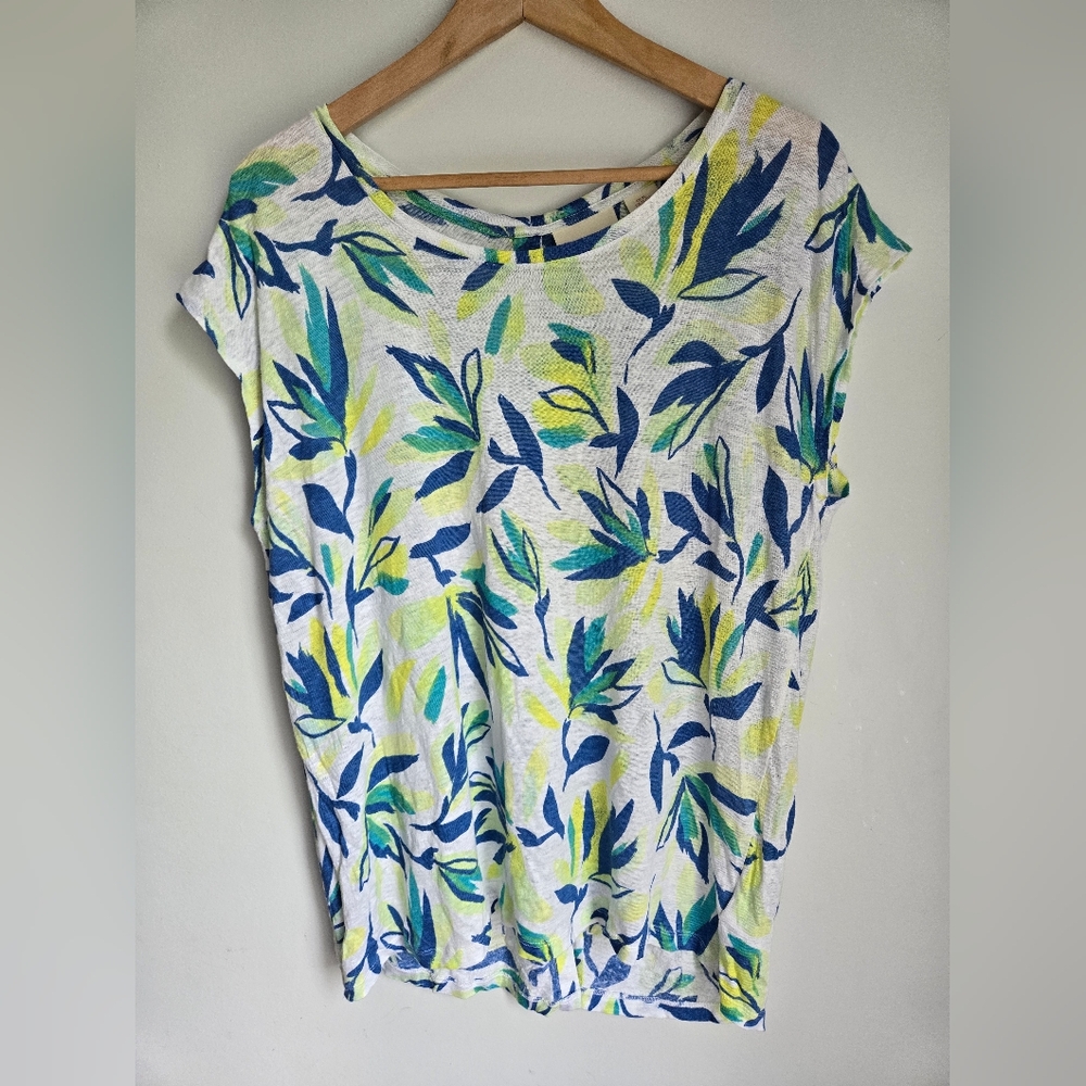 CYNTHIA ROWLEY Floral Print Women's Linen Top - Blue and Green